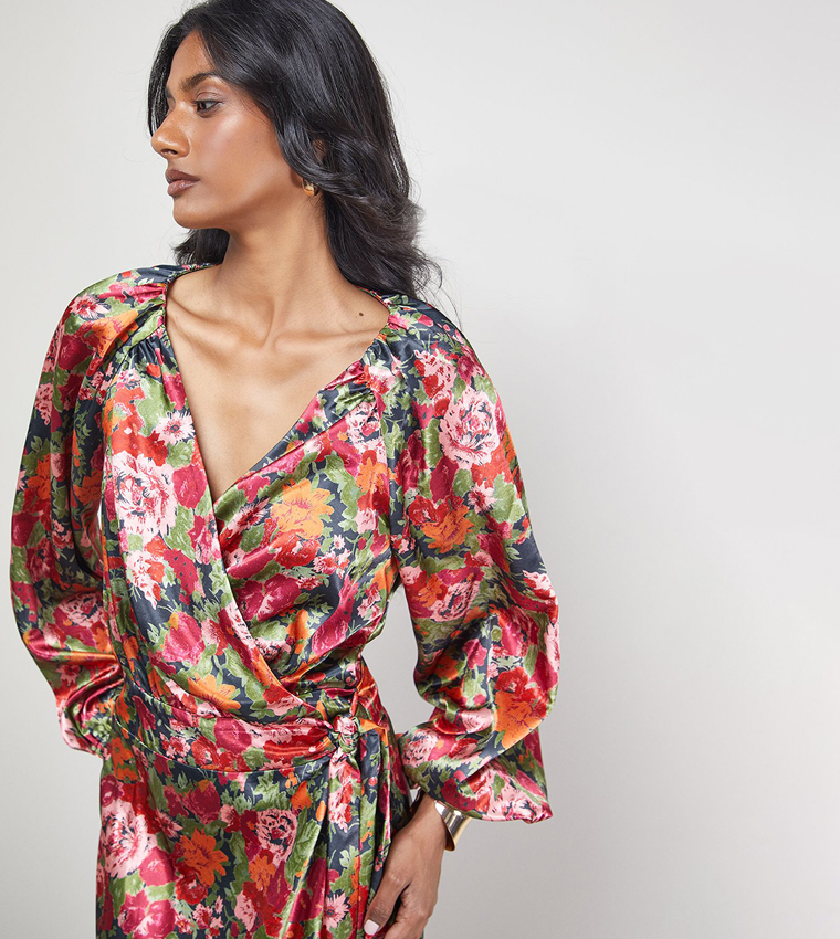 Patterned Satin Tie Waist Wrap Maxi Dress