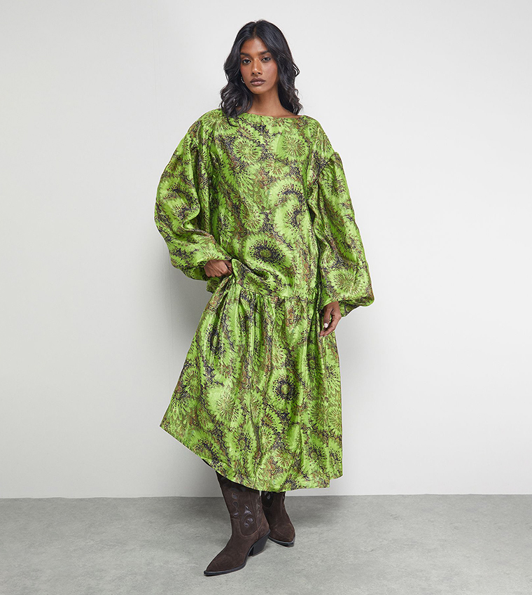 Buy Warehouse Textured Organza Asymmetric Seam Volume Sleeves Midi Dress In Green | 6thstreet UAE Buy Warehouse Textured Organza Asymmetric Seam Volume Sleeves Midi Dress In Green | 6thstreet UAE