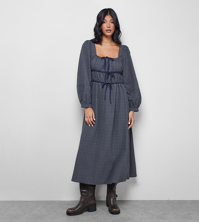 Buy Oasis Check Tie Front Square Neck Midi Dress In Blue