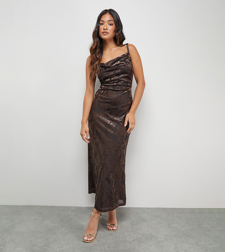Petite Devore Twist Cowl Neck Bias Midi Slip Dress