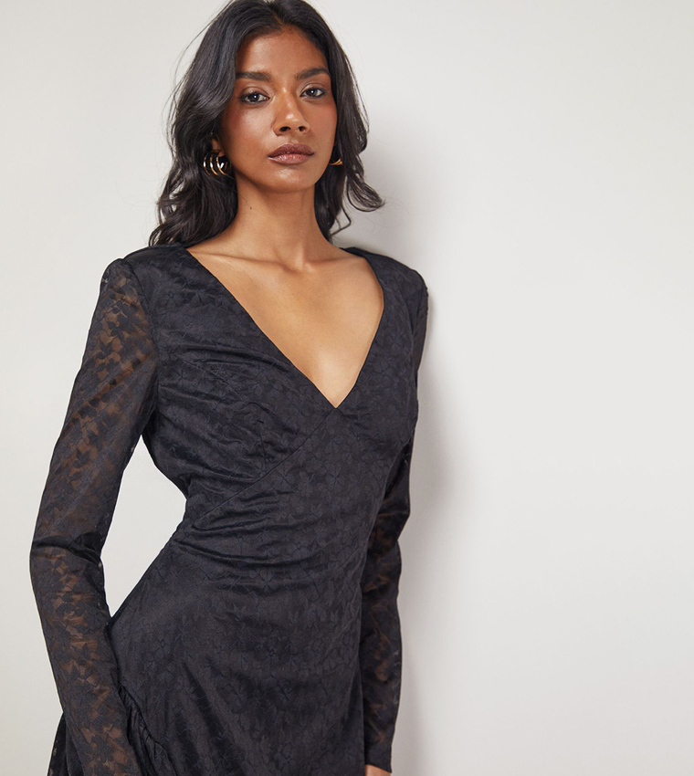 Buy Warehouse Lace V Neck Godet Detail Midaxi Dress In Black