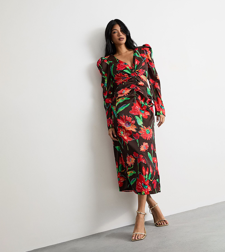 Printed Satin Cut Out Waist Plunge Neck Midi Dress