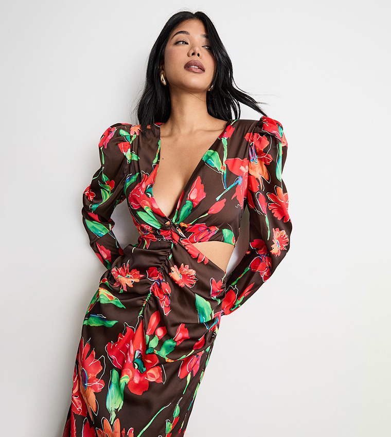 Printed Satin Cut Out Waist Plunge Neck Midi Dress
