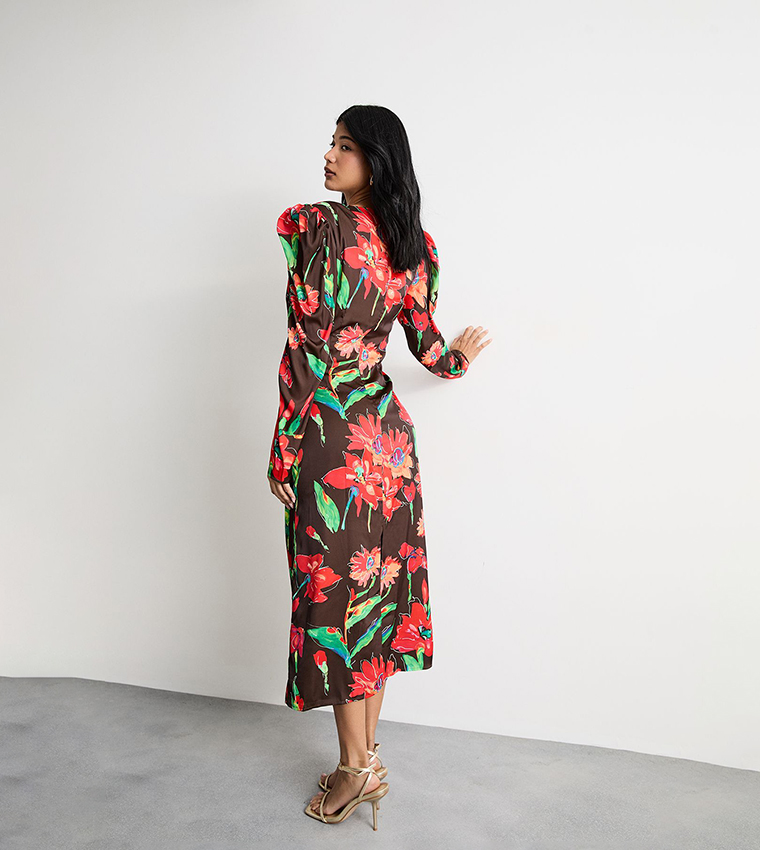 Printed Satin Cut Out Waist Plunge Neck Midi Dress