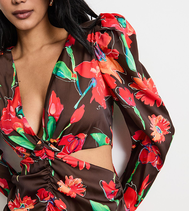 Printed Satin Cut Out Waist Plunge Neck Midi Dress