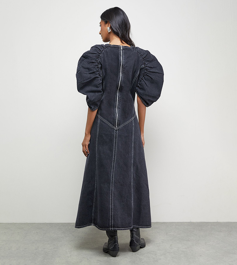 warehouse denim midi dress Warehouse Women's Denim All Over Hot Fix Sleeveless Fitted Midi Dress in Dark Wash