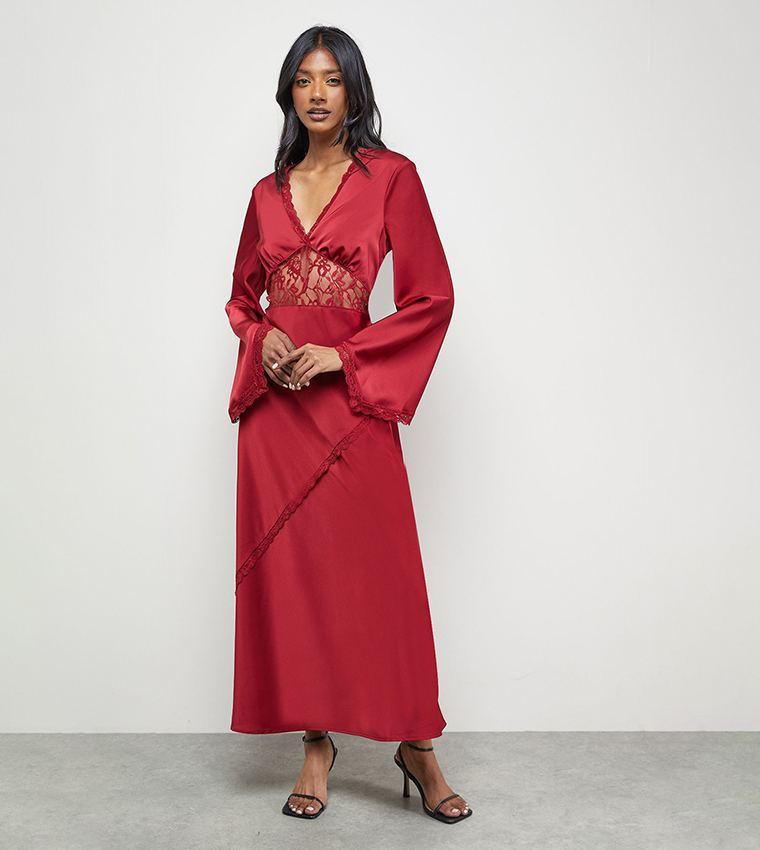Buy Oasis Satin Lace Detail Flared Sleeves Maxi Dress In Red