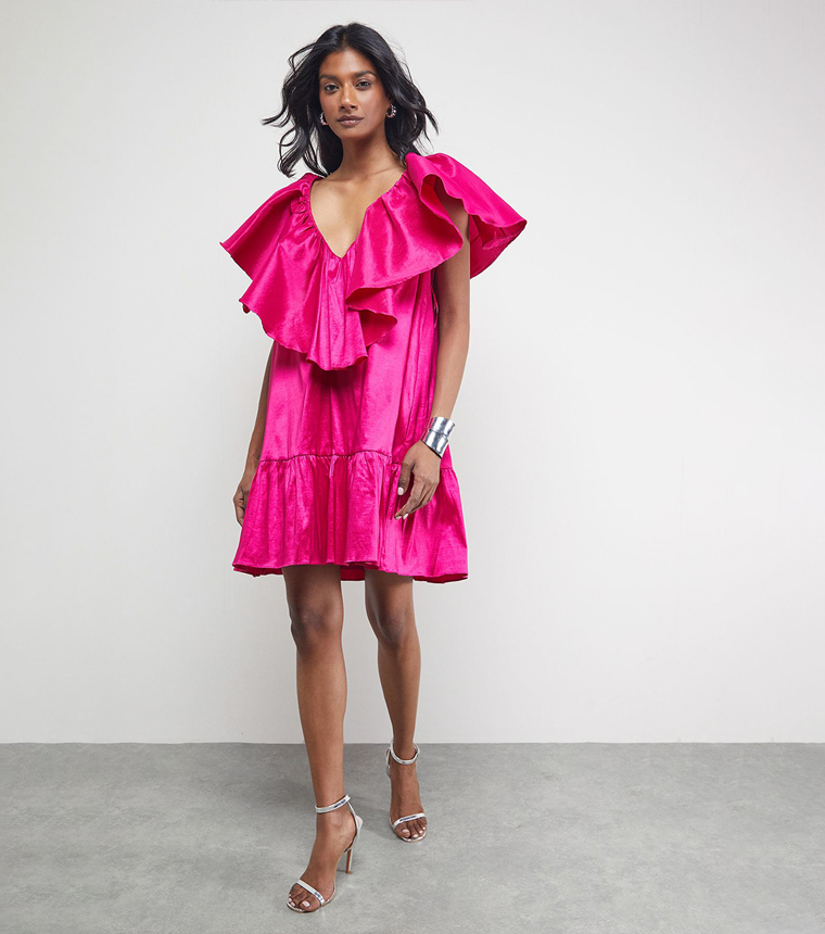 Buy Warehouse Taffeta Frill Plunge Neck Mini Dress In Pink | AIVI UAE