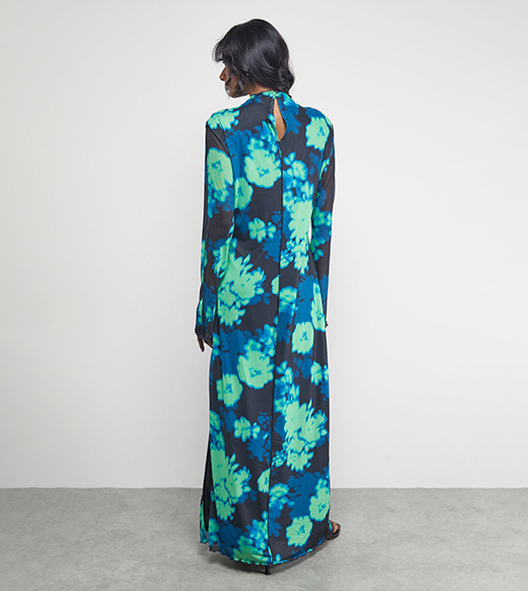 Print Mesh Lettuce Edge Maxi Dress