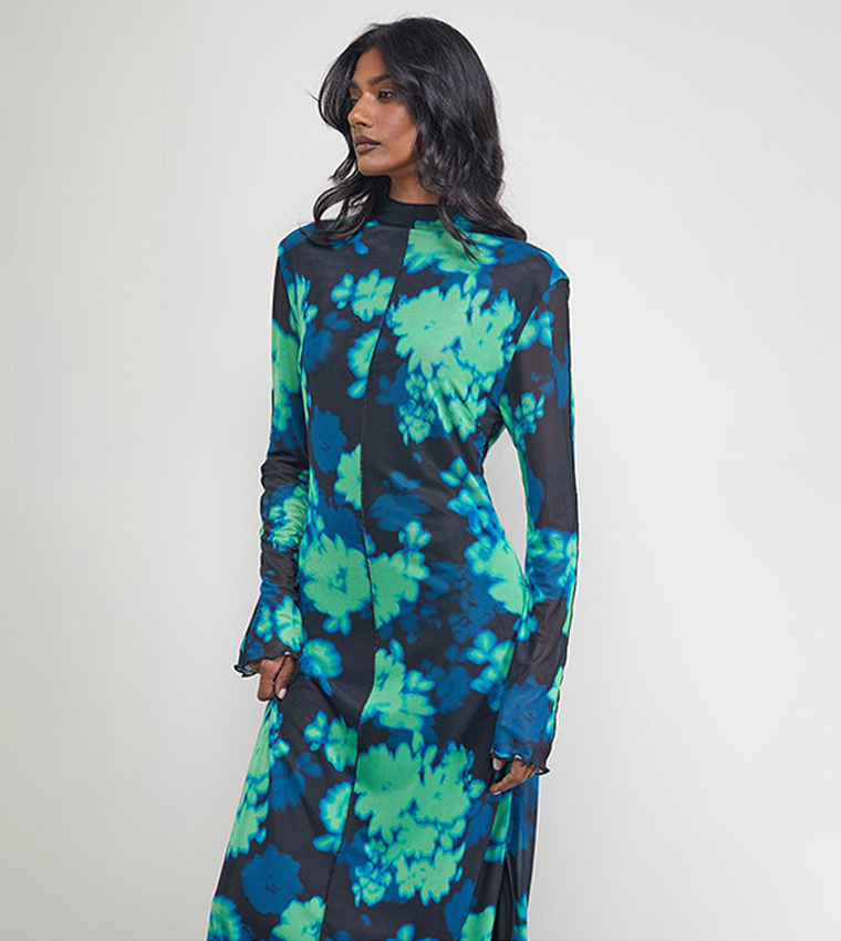 Print Mesh Lettuce Edge Maxi Dress