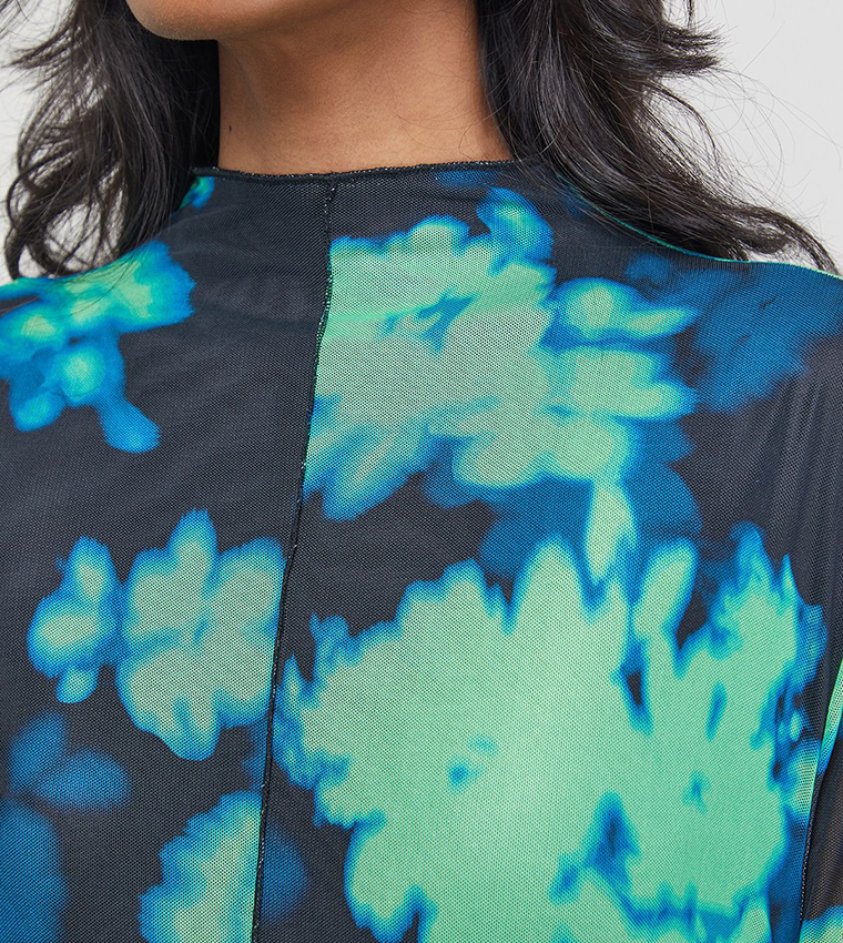 Print Mesh Lettuce Edge Maxi Dress