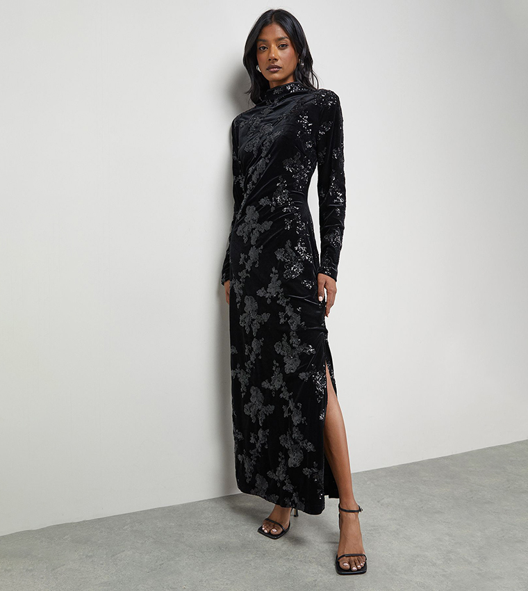 Velvet Sequined High Neck Backless Midaxi Dress