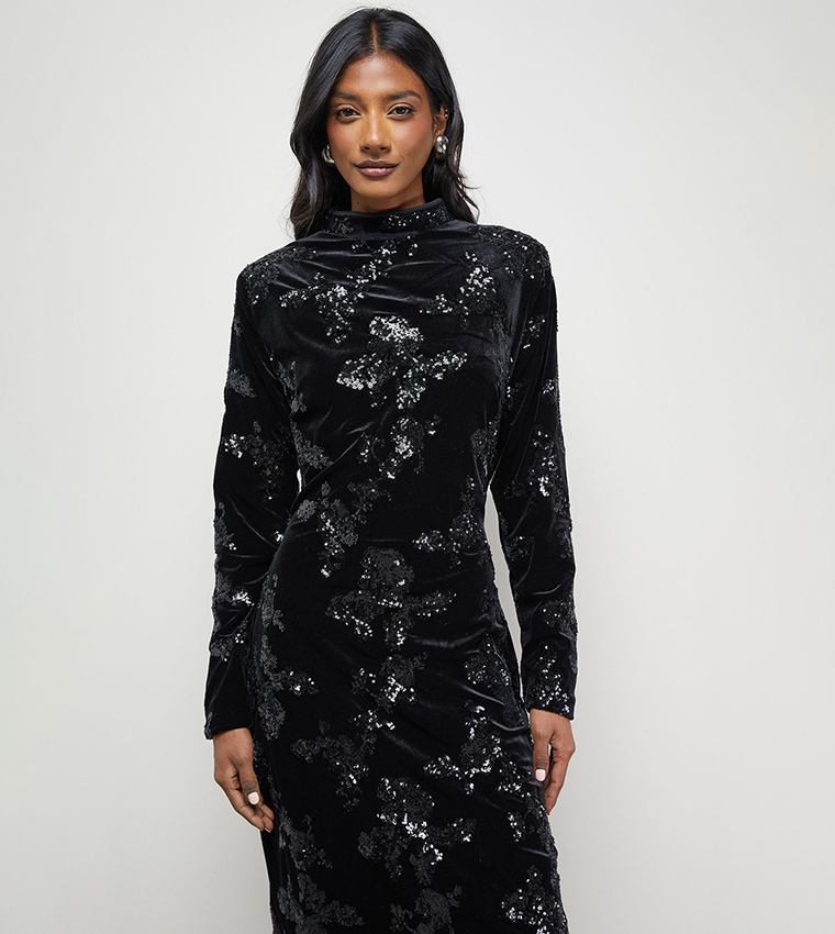 Velvet Sequined High Neck Backless Midaxi Dress