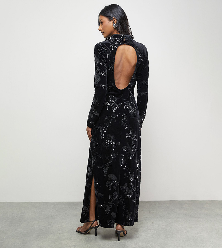 Velvet Sequined High Neck Backless Midaxi Dress