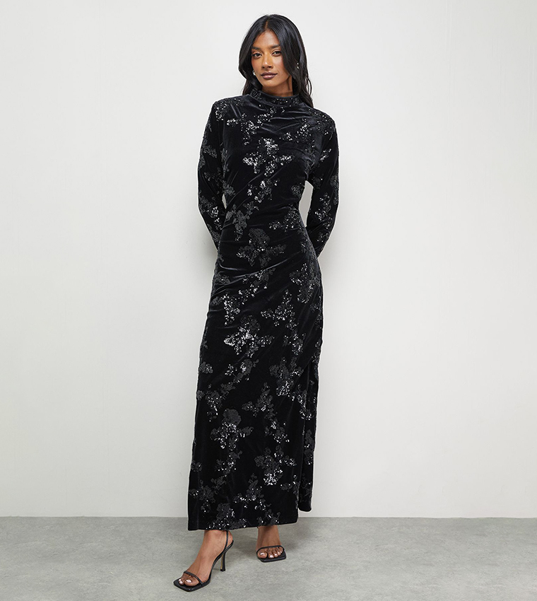 Velvet Sequined High Neck Backless Midaxi Dress