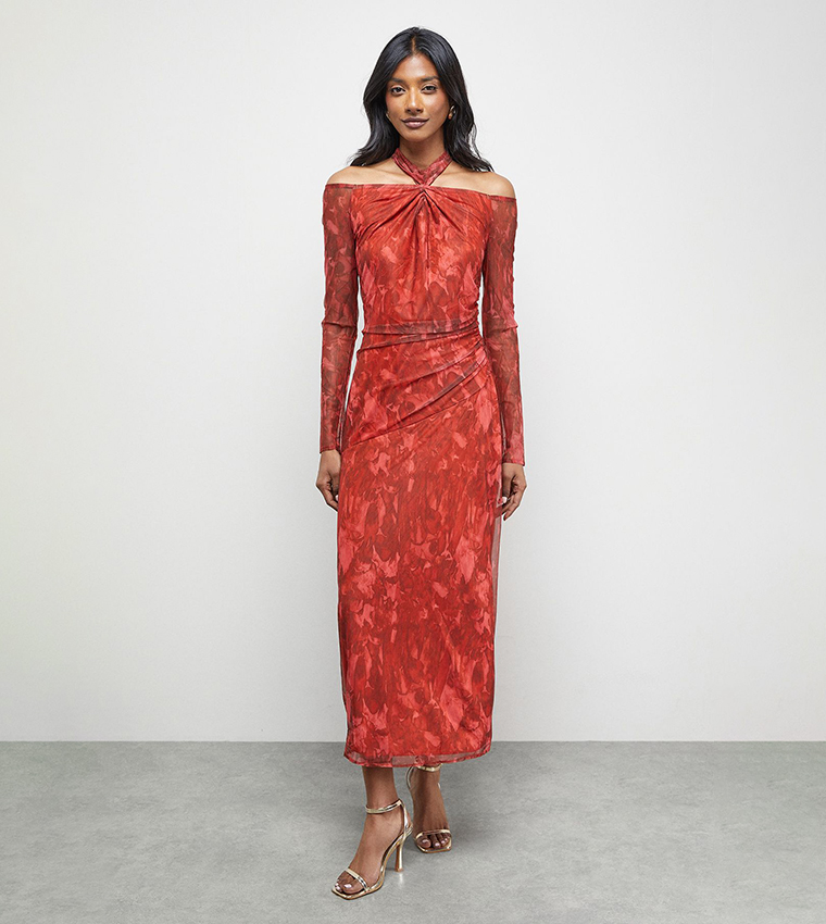 Printed Twist Mesh Midi Dress
