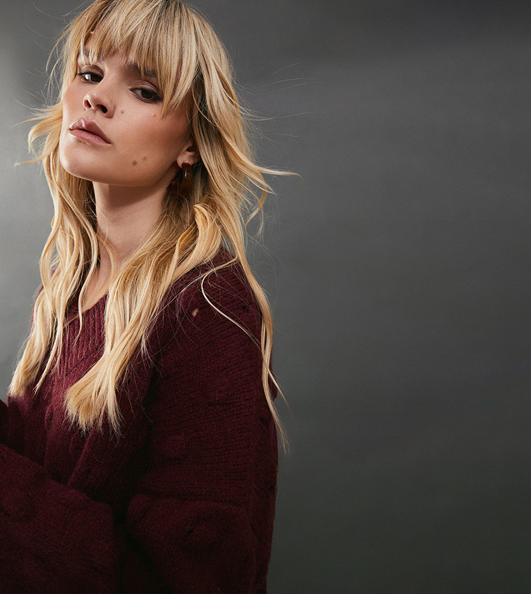 Bubble Knit Slouchy V-Neck Sweater