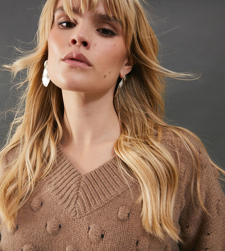 Bubble Knit Slouchy V-Neck Sweater