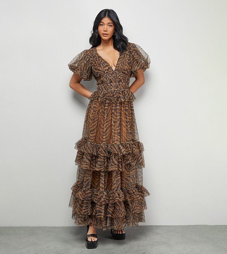 Zebra Print Tulle Ruffle Maxi Dress