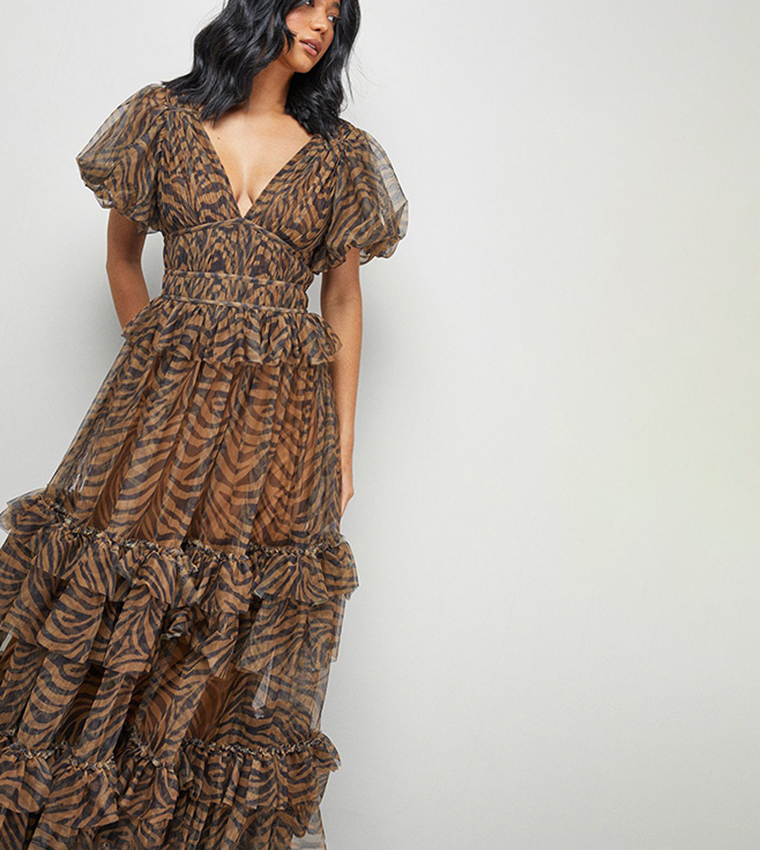 Zebra Print Tulle Ruffle Maxi Dress