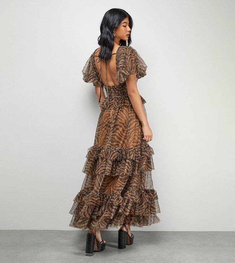 Zebra Print Tulle Ruffle Maxi Dress