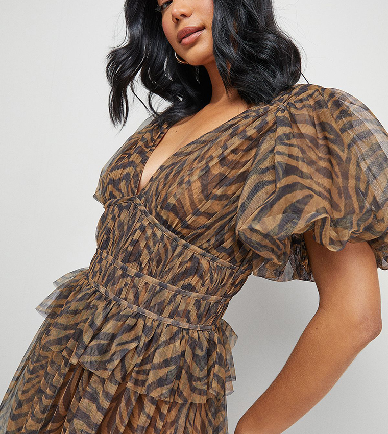 Zebra Print Tulle Ruffle Maxi Dress