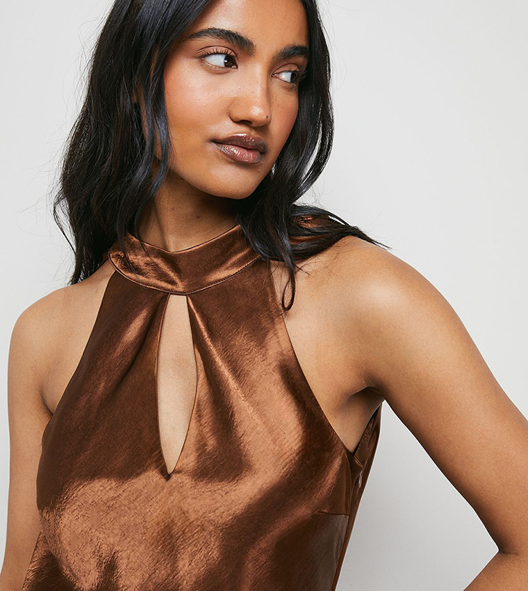 Satin Tie Neck Cowl Front Maxi Dress