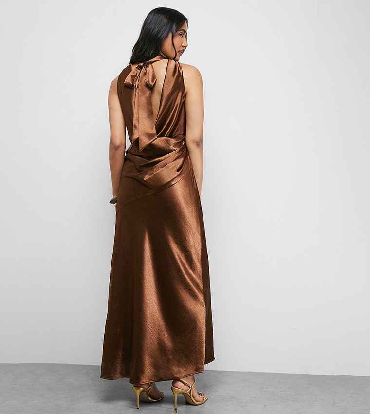 Satin Tie Neck Cowl Front Maxi Dress