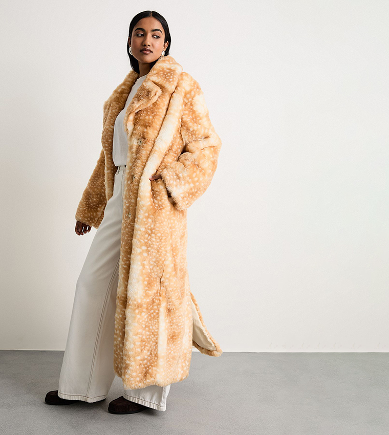 Premium Deer Jacquard Faux Fur Coat