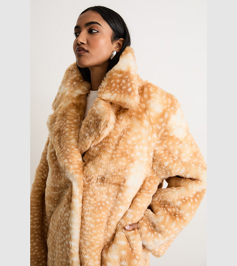 Premium Deer Jacquard Faux Fur Coat