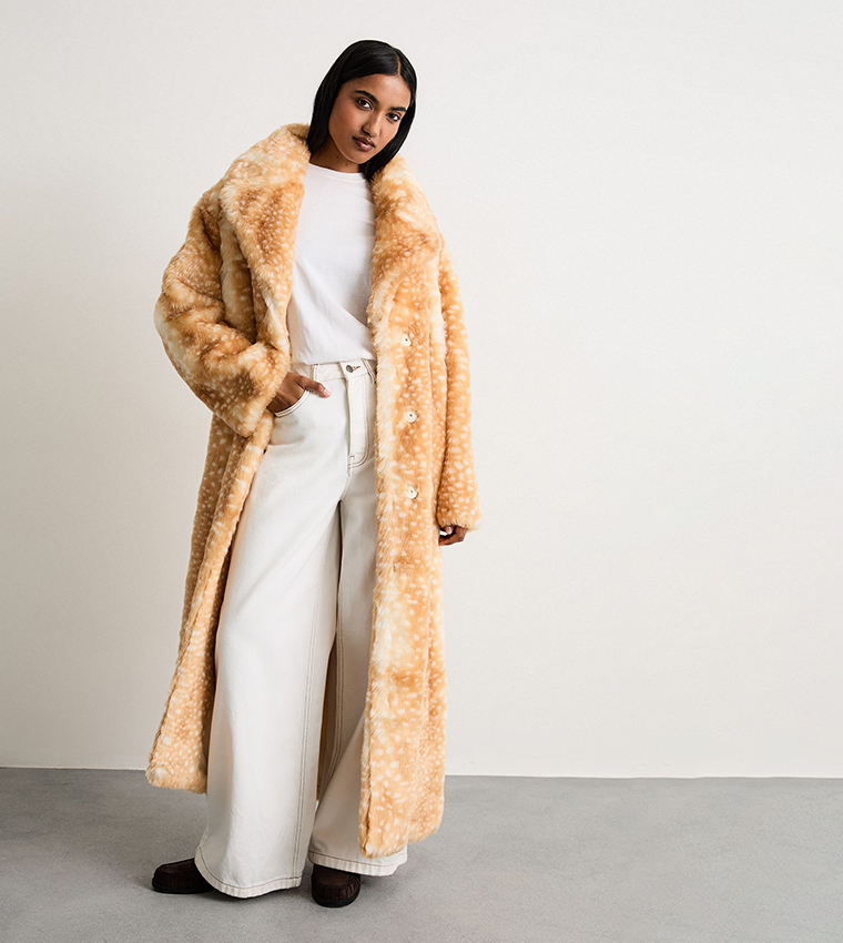 Premium Deer Jacquard Faux Fur Coat