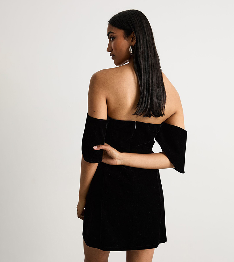 Bonded Off Shoulder Velvet Mini Dress