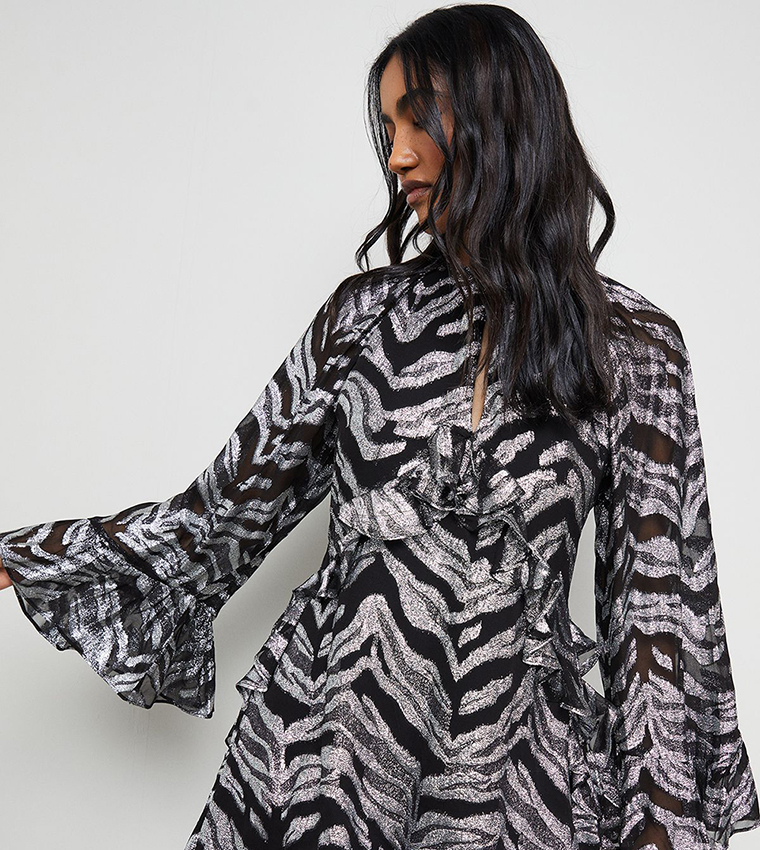 Flippy Hem Volume Sleeves Viscose Zebra Jacquard Dress