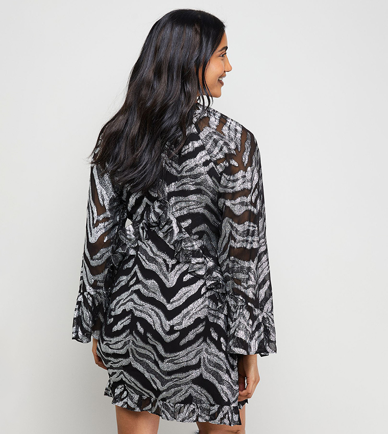 Flippy Hem Volume Sleeves Viscose Zebra Jacquard Dress