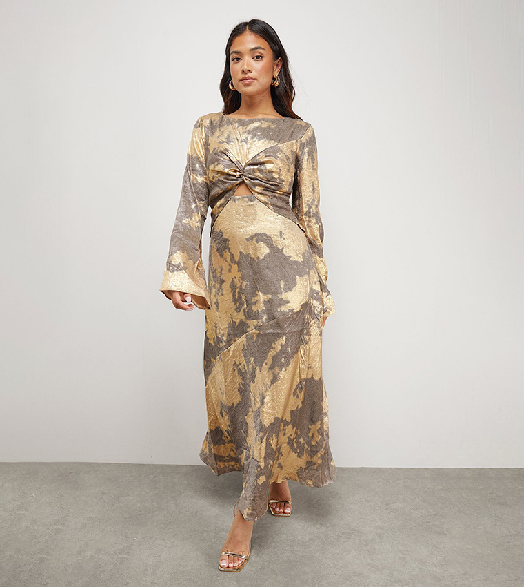 Petite Metallic Marble Twist Front Bias Midi Dress