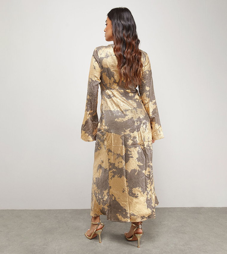 Petite Metallic Marble Twist Front Bias Midi Dress