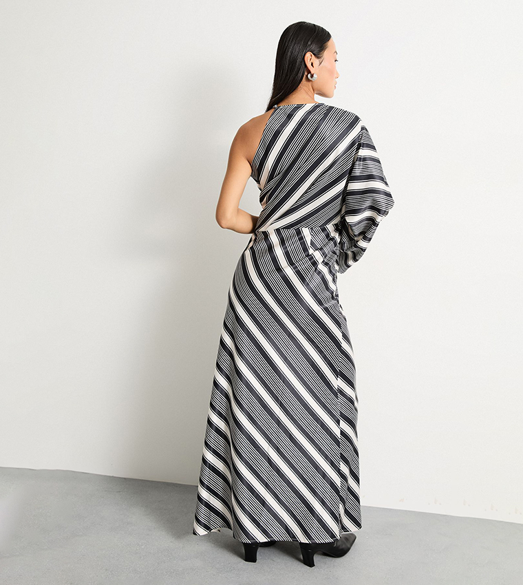 Petite Striped Twist Front Keyhole Satin Maxi Dress