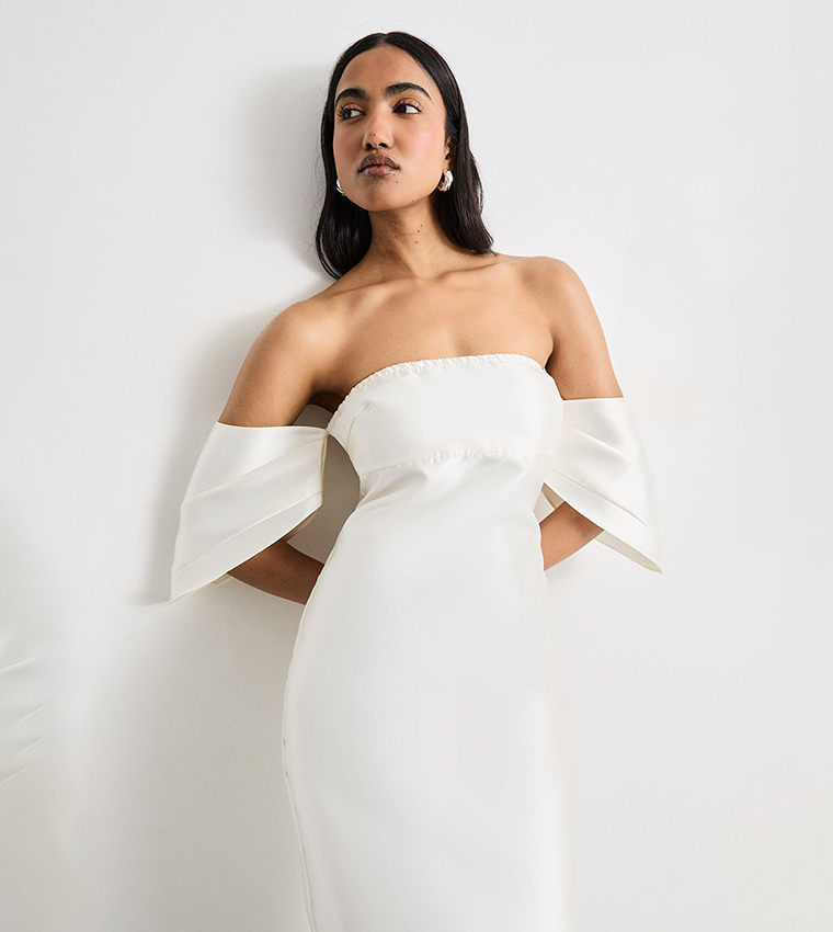 knee length dresses for ladies Bayshore White Bow Bardot Midi Dress – Club L London main image 1