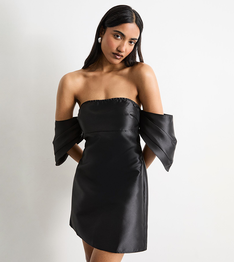 Structured Puff Sleeves Bardot Mini Dress