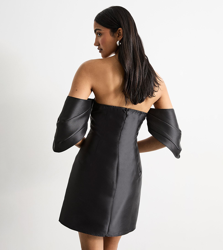 Structured Puff Sleeves Bardot Mini Dress
