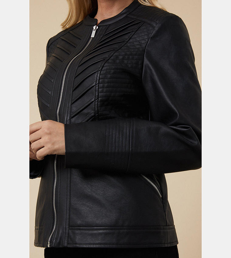 Buy Wallis Black Faux Leather Collarless Zip Jacket In Black 6thStreet Bahrain