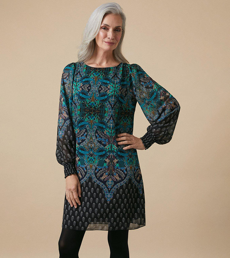 Border print clearance shift dress