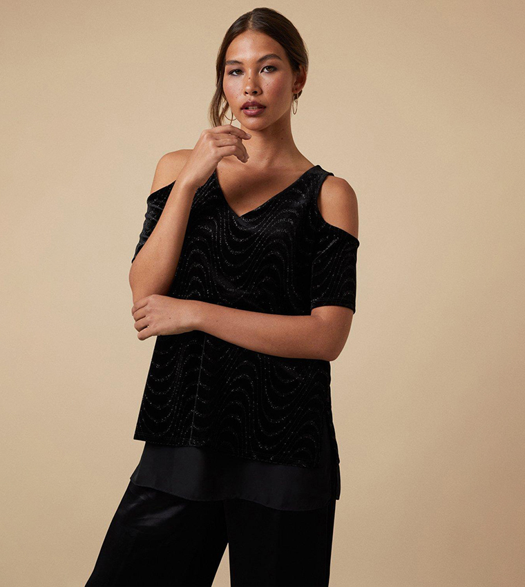 Buy Wallis Velvet Glitter Cold Shoulder Top In Black 6thStreet Qatar