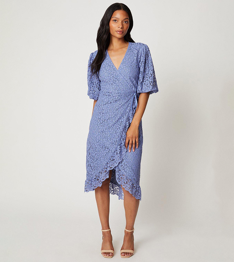 lace ruffle wrap dress Lace Ruffle Wrap Midi Dress