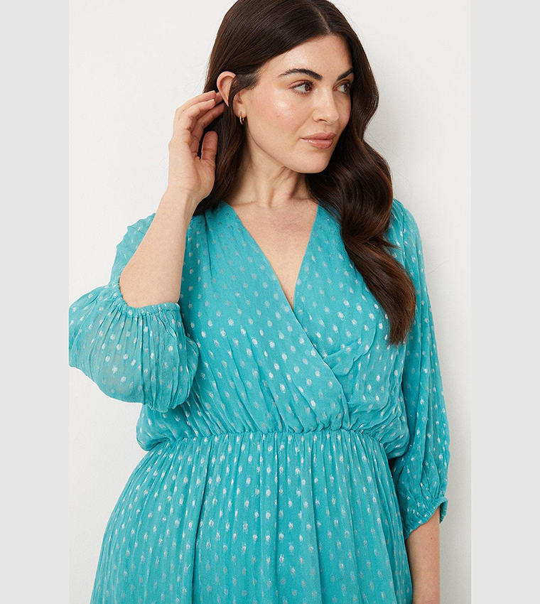 Buy Wallis Curve Metallic Spot Tiered Midi Dress In AQUA