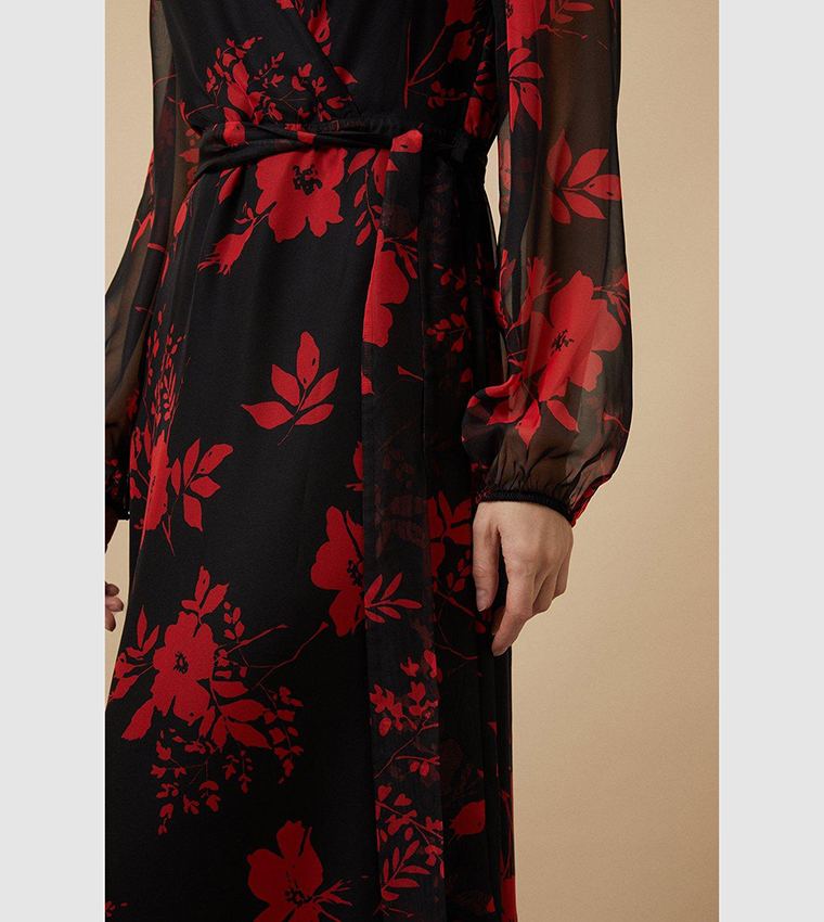 Buy Wallis Ditsy Ruffle Belted Wrap Midi Dress In Black | 6thStreet Bahrain