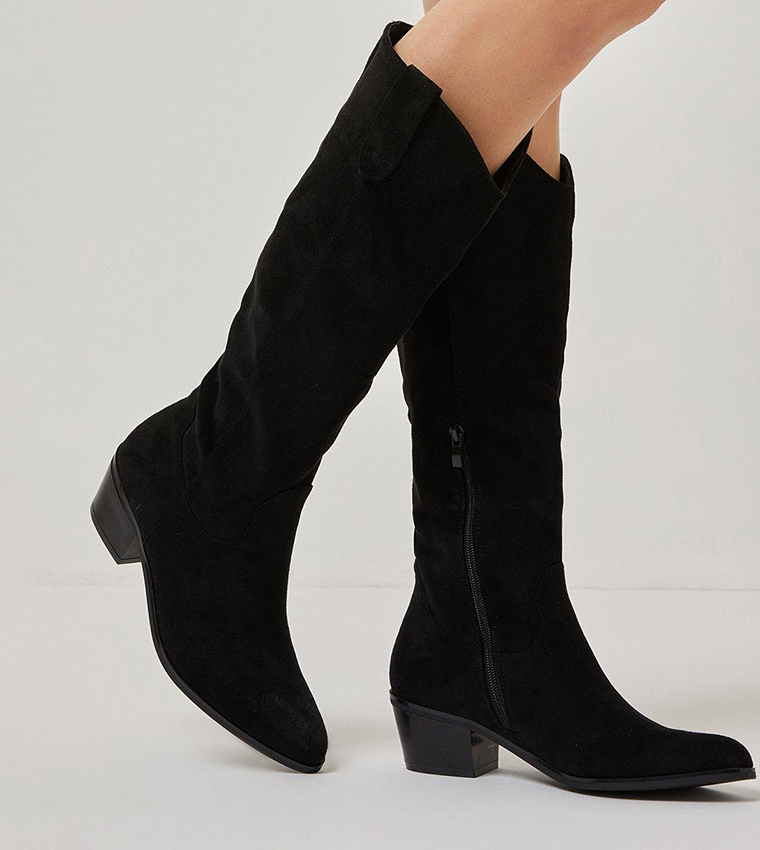 Buy Wallis Harriet Western Detail Low Heel Knee High Boots In Black ...