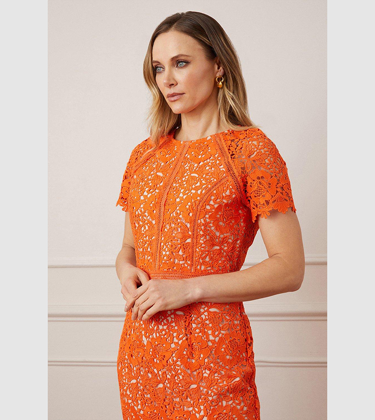 Orange lace 2025 dress with sleeves