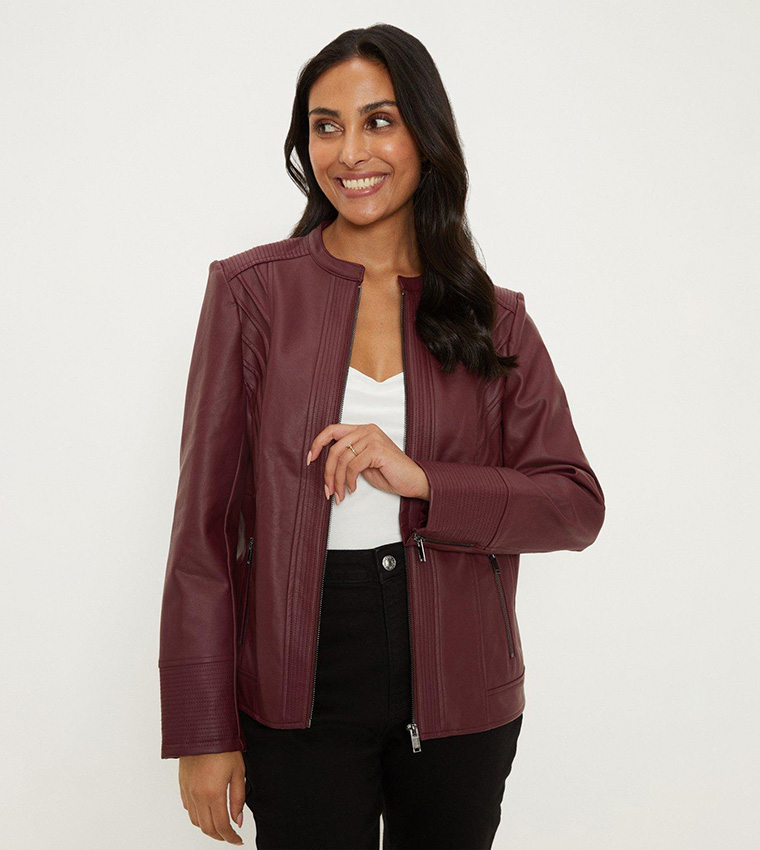 Buy Wallis Berry Faux Leather Seam Detail Jacket In Berry