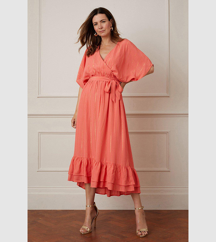 Buy Wallis Glitter Stripe Ruffle Hem Midaxi Dress In Coral 6thStreet Kuwait